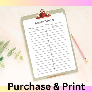 Minimalist Printable Potluck Sign-Up Sheet, Easy to Print and Use Pot Luck Sign Up Sheet, Instant Download Potluck Sign Up Sheet