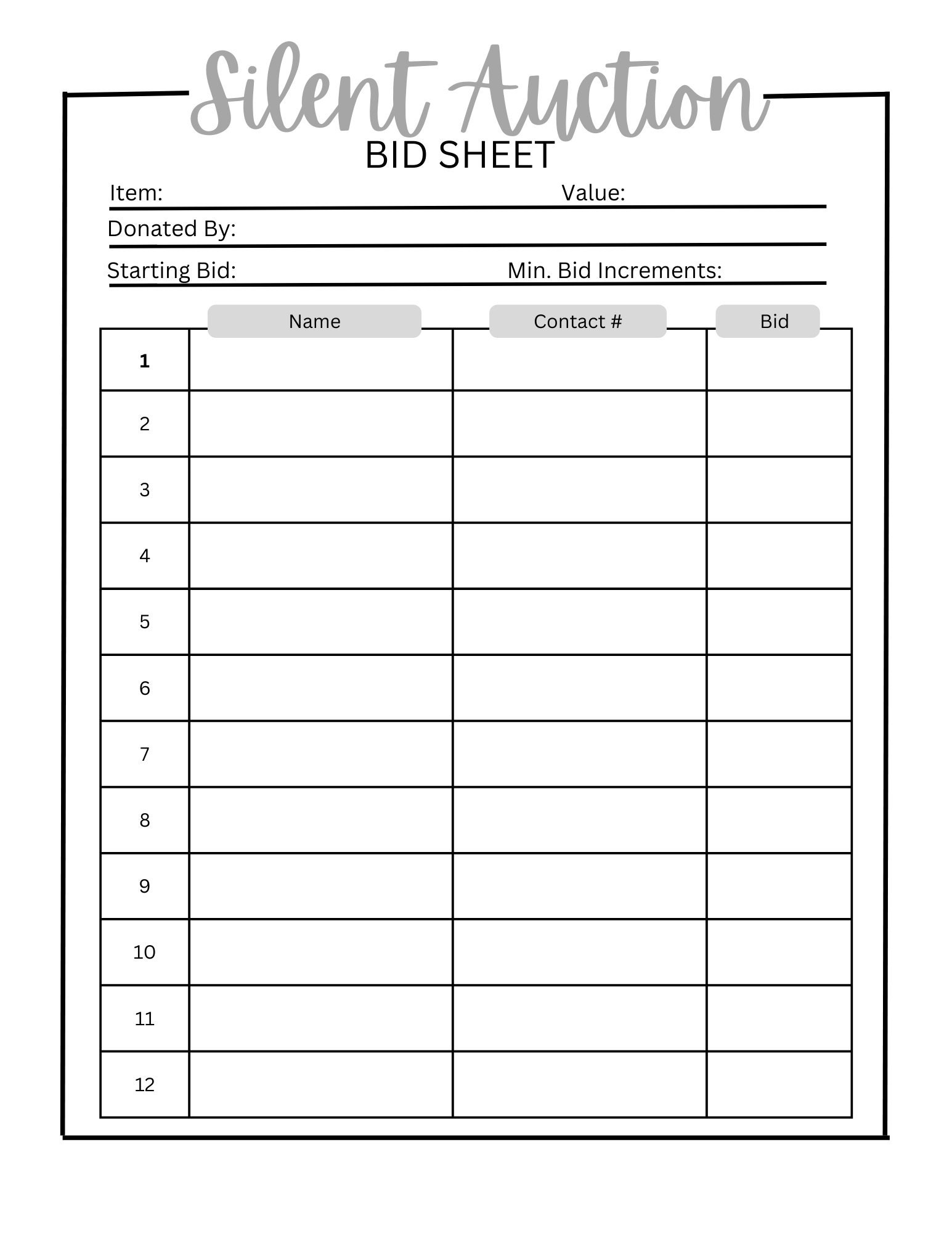 Printable Silent Auction Bid Sheet, Silent Auction Sign up Sheet, Fundraiser Sheet, Silent ...