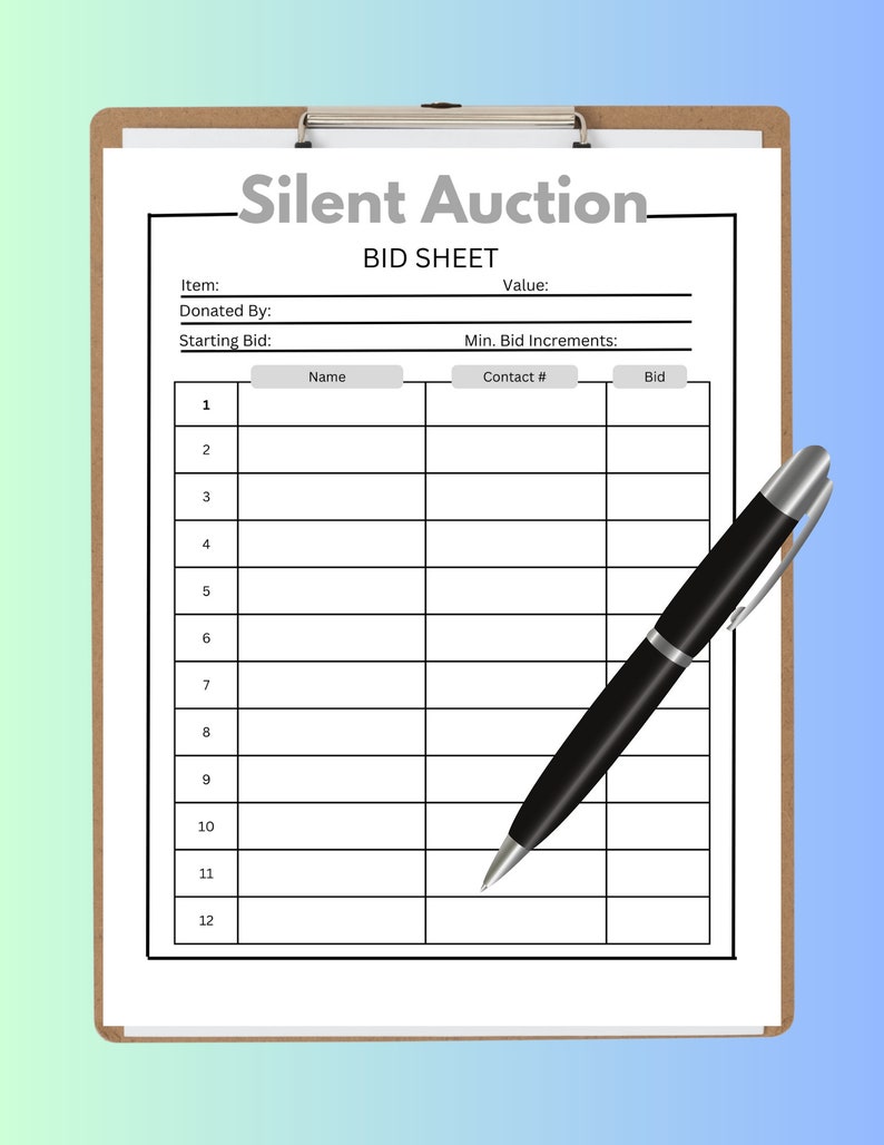 Printable Silent Auction Bid Sheet, Silent Auction Sign up Sheet ...