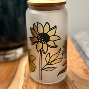 16oz Frosted Glass Tumbler with Bamboo Lid/Straw (Sunflowers)