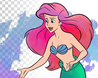 Ariel, the little mermaid PNG, color illustrations, clipart, watercolor picture, for print, Cartoon character, watercolor, Mermaid