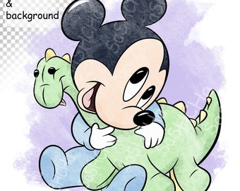 Baby Mickey with Dino Mouse PNG, digital product, color illustrations,Baby Mickey Mouse clipart, for print, Cartoon, Mickey Mouse png