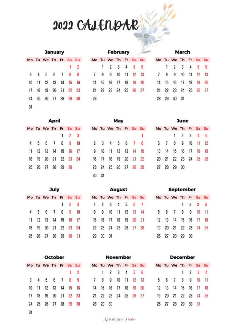 PRINTABLE CALENDAR 20222025 With Theme Watercolour / Printable