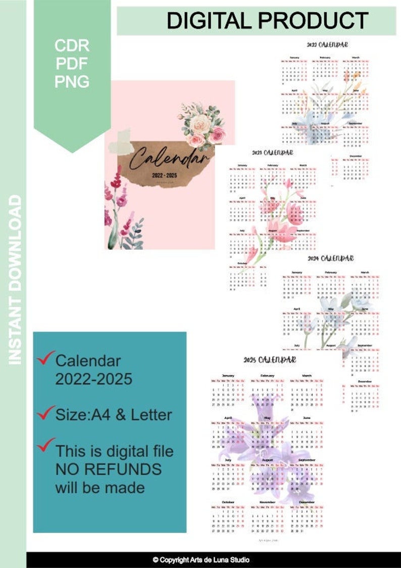 PRINTABLE CALENDAR 20222025 With Theme Watercolour / Printable