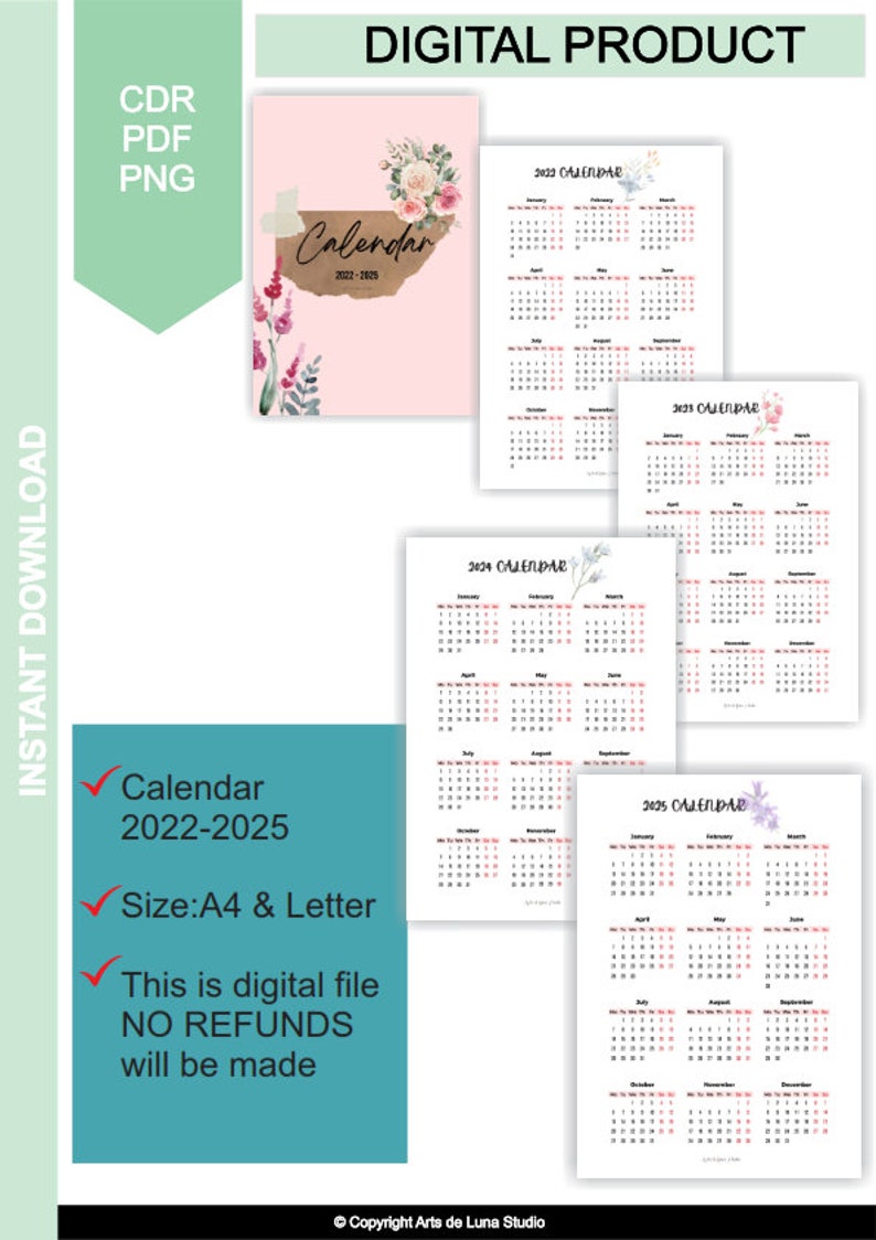 PRINTABLE CALENDAR 20222025 With Theme Watercolour / Printable