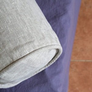 May include: A close-up of a light gray cylindrical pillow with a seam around the edge. The pillow is on a dark purple fabric surface.