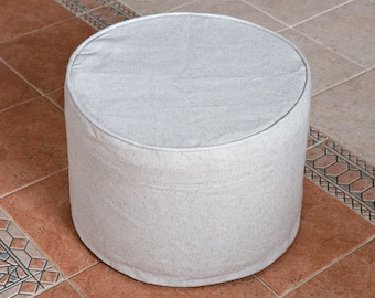 Heavy Linen Round Ottoman Cover with the cord Eco-Friendly Pouf Cover without the bottom  Natural Foot Stool with Piping