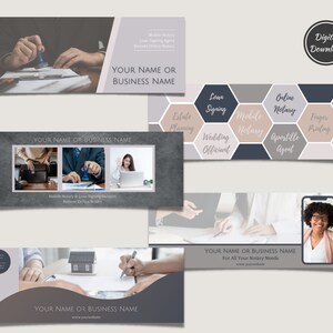 May include: Four different banner designs for a mobile notary service. The banners feature images of people signing documents, a notary stamp, and a phone screen with a notary on a video call. The banners also include text that says "Mobile Notary", "Loan Signing", "Estate Planning", "Wedding Officiant", "Online Notary", "Apostille Agent", "Finger Printing", and "Your Name or Business Name".