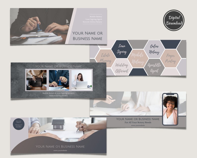 May include: Four different banner designs for a mobile notary service. The banners feature images of people signing documents, a notary stamp, and a phone screen with a notary on a video call. The banners also include text that says "Mobile Notary", "Loan Signing", "Estate Planning", "Wedding Officiant", "Online Notary", "Apostille Agent", "Finger Printing", and "Your Name or Business Name".