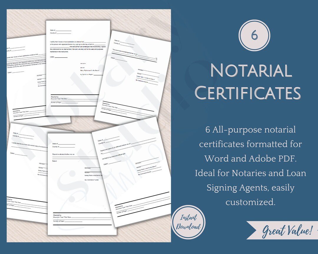 6 Notarial Certificates for Notaries and Loan Signing Agents digital Download Word and PDF