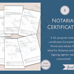 6 Notarial Certificates for Notaries and Loan Signing Agents |Digital Download | Word and PDF | Acknowledgment /Jurat/Copy Certification