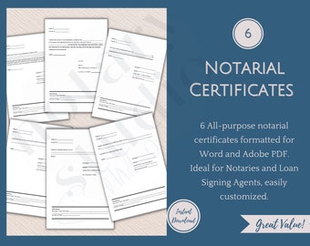 6 Notarial Certificates for Notaries and Loan Signing Agents |Digital Download | Word and PDF | Acknowledgment /Jurat/Copy Certification