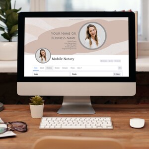May include: A computer screen displaying a Facebook page for a mobile notary service. The page features a light brown background with a white circle containing a woman's headshot. The text "Your Name or Business Name" is displayed above the headshot, followed by a list of services offered, including "Mobile Notary", "Loan Signing Agent", "Wedding Officiant", and "Programming Services". The text "Mobile Notary" is displayed in a larger font size below the headshot. The page also includes tabs for "About", "Reviews", "Followers", "Photos", and "Posts".