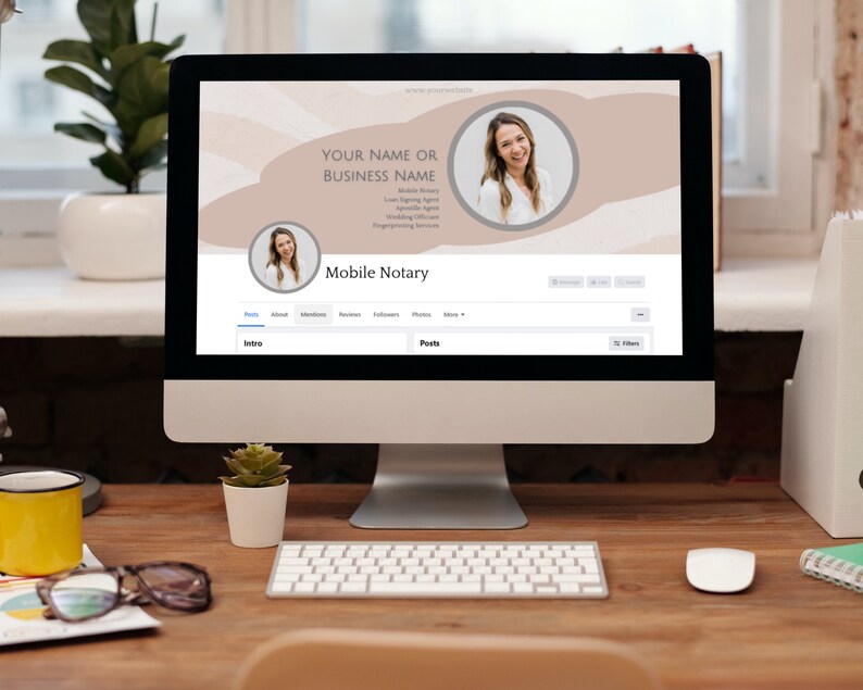 May include: A computer screen displaying a Facebook page for a mobile notary service. The page features a light brown background with a white circle containing a woman's headshot. The text "Your Name or Business Name" is displayed above the headshot, followed by a list of services offered, including "Mobile Notary", "Loan Signing Agent", "Wedding Officiant", and "Programming Services". The text "Mobile Notary" is displayed in a larger font size below the headshot. The page also includes tabs for "About", "Reviews", "Followers", "Photos", and "Posts".