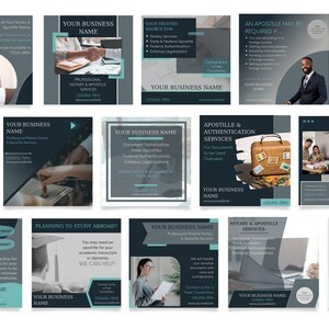 May include: A collection of social media posts for a notary and apostille service. The posts feature images of people working in an office, a suitcase with stamps, and a laptop. The text on the posts includes information about the services offered, such as document notarization, state apostilles, federal authentications, and embassy legalization. The posts also include contact information for the business.