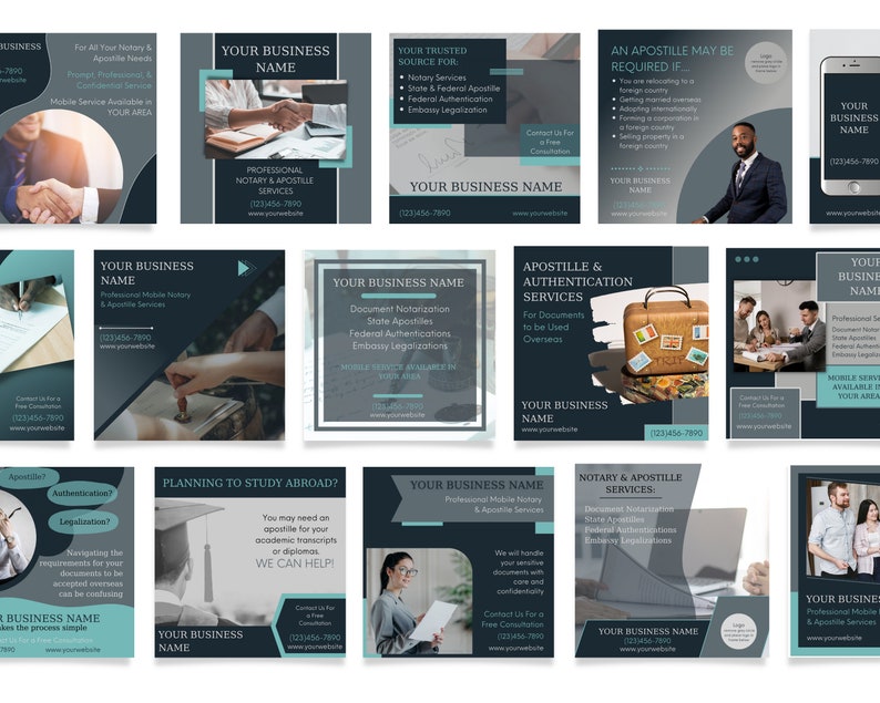 May include: A collection of social media posts for a notary and apostille service. The posts feature images of people working in an office, a suitcase with stamps, and a laptop. The text on the posts includes information about the services offered, such as document notarization, state apostilles, federal authentications, and embassy legalization. The posts also include contact information for the business.