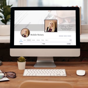 以下が含まれることがあります： モバイル公証サービスのFacebookページが表示されたコンピューター画面。ページには、公証人の顔写真、"Mobile Notary"というテキスト、"Notary & Mobile Notary Services"というテキストが表示されています。