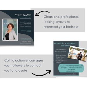 May include: Two social media post designs for a mobile notary and apostille agent. The first post features a photo of a woman in a black blazer and white blouse. The second post features a photo of a couple in front of a floral archway on a beach. Both posts include the business name, contact information, and a call to action.