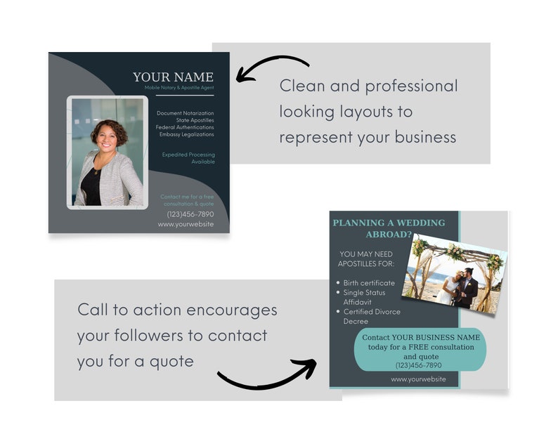 May include: Two social media post designs for a mobile notary and apostille agent. The first post features a photo of a woman in a black blazer and white blouse. The second post features a photo of a couple in front of a floral archway on a beach. Both posts include the business name, contact information, and a call to action.