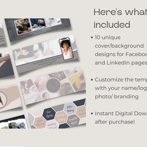 May include: Ten unique Facebook and LinkedIn cover or background designs in a variety of styles. The designs feature a neutral color palette of gray, beige, and white. The designs are customizable with your name, logo, photo, or branding. Instant digital download after purchase.