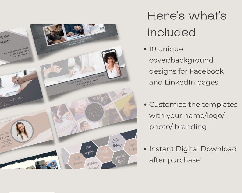 May include: Ten unique Facebook and LinkedIn cover or background designs in a variety of styles. The designs feature a neutral color palette of gray, beige, and white. The designs are customizable with your name, logo, photo, or branding. Instant digital download after purchase.