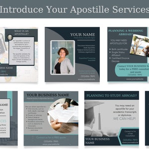 May include: A set of six social media post templates for a business offering apostille services. The templates feature a dark gray background with teal accents and images related to travel, weddings, and education. The text on the templates includes the business name, phone number, website address, and information about apostille services.
