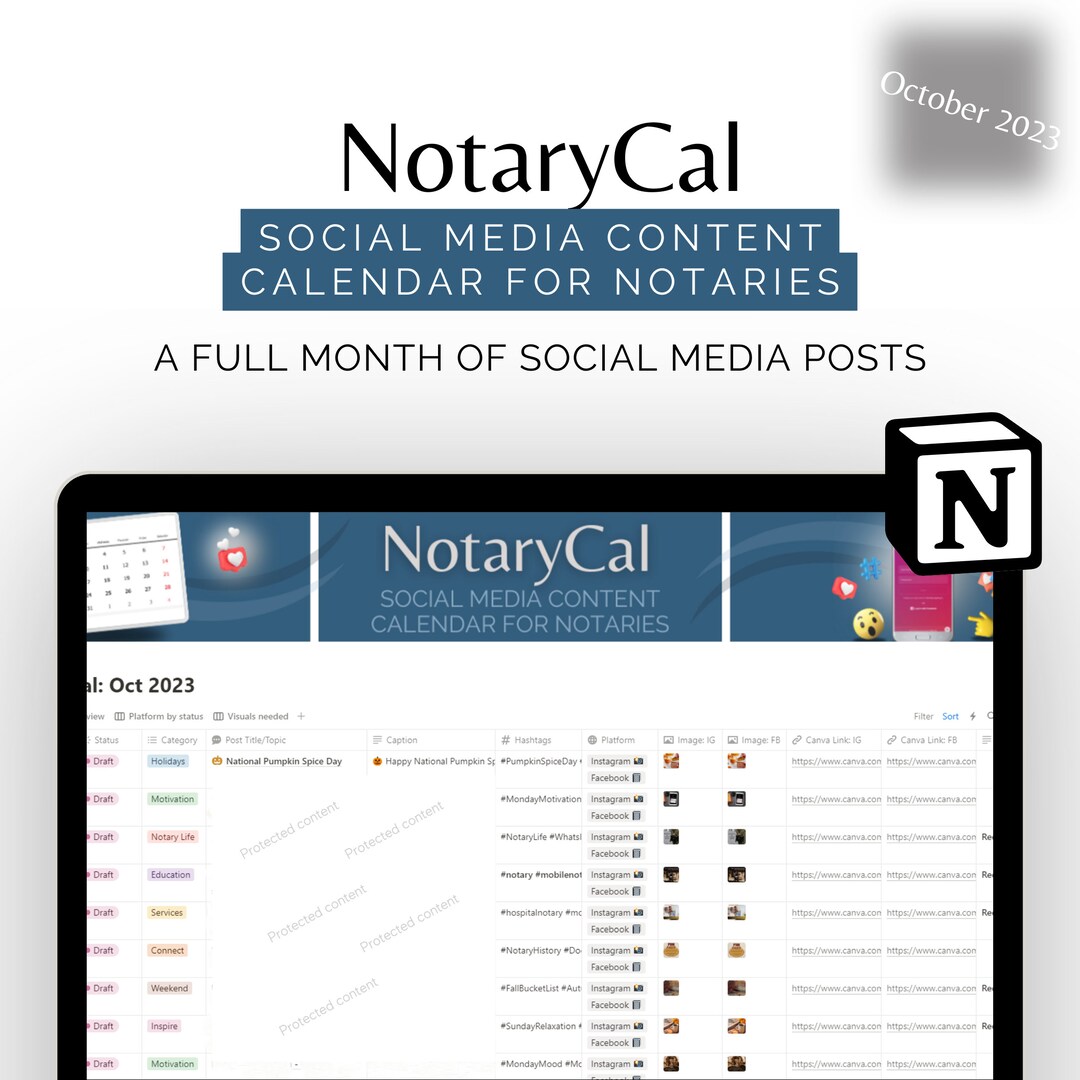 Notarycal Social Media Content Calendar for Notaries October Etsy