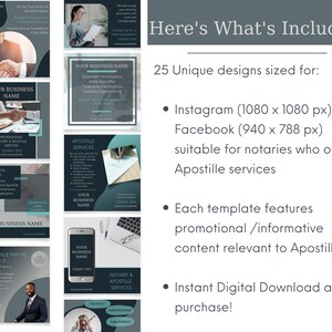 May include: A set of 25 social media templates for notaries offering apostille services. The templates are designed for Instagram (1080 x 1080 pixels) and Facebook (940 x 788 pixels). The templates feature a dark blue and teal color scheme with images of people shaking hands, a pen on a document, and a laptop with a phone. The text on the templates includes "Your Business Name", "Apostille Services", "Notary & Apostille Services", and "An Apostille May Be Required If".
