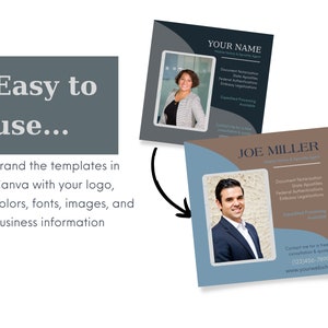 May include: Two business cards with a blue and brown color scheme. The cards feature a headshot of a person and text that reads "YOUR NAME" and "JOE MILLER". The text also includes the services offered: Document Notarization, State Apostilles, Federal Authentications, Embassy Legalizations, and Expedited Processing Available. Contact information is also included: a phone number and website address.