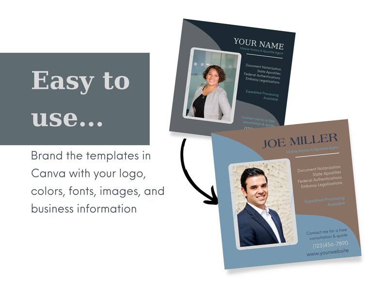 May include: Two business cards with a blue and brown color scheme. The cards feature a headshot of a person and text that reads "YOUR NAME" and "JOE MILLER". The text also includes the services offered: Document Notarization, State Apostilles, Federal Authentications, Embassy Legalizations, and Expedited Processing Available. Contact information is also included: a phone number and website address.