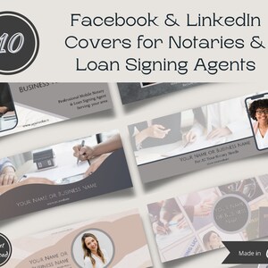 May include: Ten Facebook and LinkedIn cover designs for notaries and loan signing agents. The covers feature a variety of images, including a person signing a document, a house, and a passport. The text on the covers includes the words "Professional Mobile Notary", "Loan Signing Agent", and "For All Your Notary Needs".