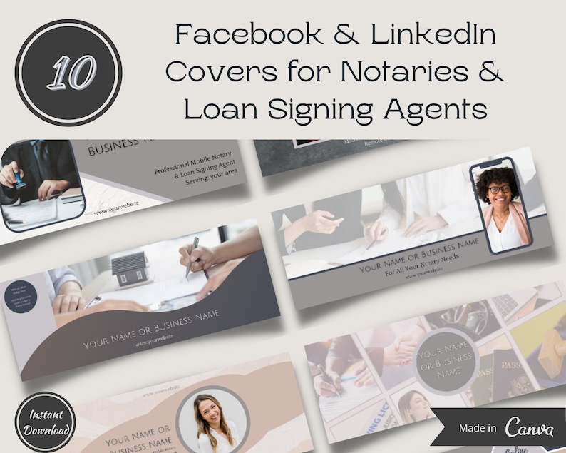 May include: Ten Facebook and LinkedIn cover designs for notaries and loan signing agents. The covers feature a variety of images, including a person signing a document, a house, and a passport. The text on the covers includes the words "Professional Mobile Notary", "Loan Signing Agent", and "For All Your Notary Needs".