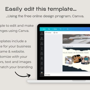 May include: A screenshot of a laptop screen showing the Canva design program. The screen shows a template for a business presentation with a place for a business name or website. The template includes a photo collage of people working together. The text "YOUR NAME OR BUSINESS NAME" is displayed at the top of the template.