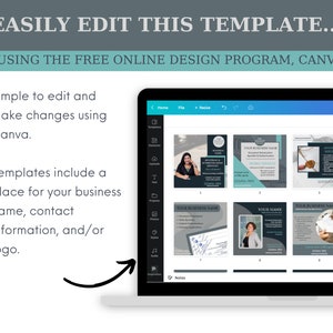 May include: A screenshot of a laptop screen showing the Canva design program. The screen displays a grid of nine social media post templates. The templates are in a dark gray and teal color scheme and feature text that says "Your Business Name".