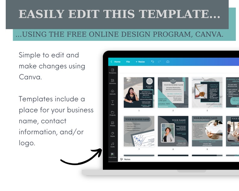 May include: A screenshot of a laptop screen showing the Canva design program. The screen displays a grid of nine social media post templates. The templates are in a dark gray and teal color scheme and feature text that says "Your Business Name".