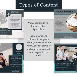 May include: A graphic design template for a business offering apostille services. The template features a dark blue background with white text and a light blue accent color. The text includes the phrase "Types of Content" and explains how promotional and informational posts can be used to introduce apostille services and represent a business as an expert in the field. The template also includes a sample business card with the text "Your Business Name" and contact information.