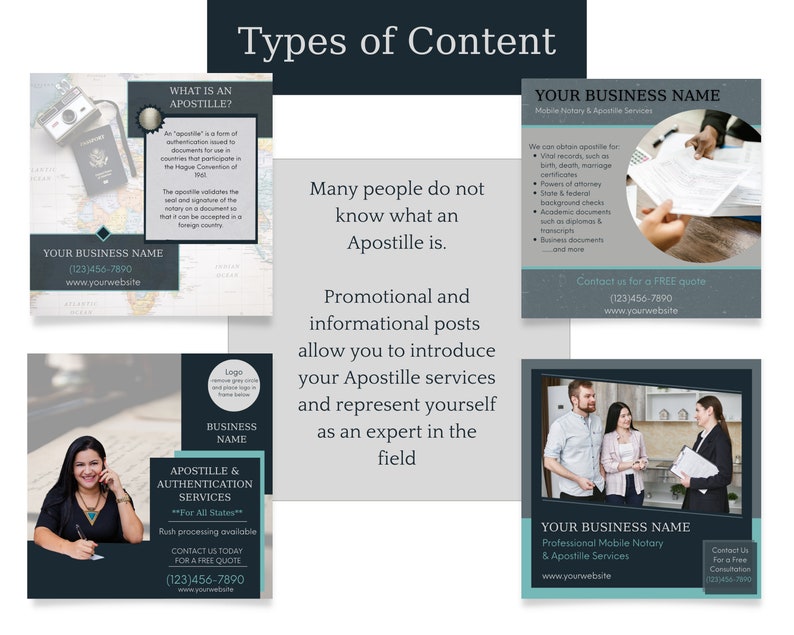 May include: A graphic design template for a business offering apostille services. The template features a dark blue background with white text and a light blue accent color. The text includes the phrase "Types of Content" and explains how promotional and informational posts can be used to introduce apostille services and represent a business as an expert in the field. The template also includes a sample business card with the text "Your Business Name" and contact information.