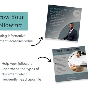 May include: A graphic with a blue background and white text that reads "Grow Your Following". The graphic explains how posting informative content can increase your following. The graphic also shows two examples of social media posts that can be used to grow your following. The first post is about apostille services and the second post is about mobile notary services.
