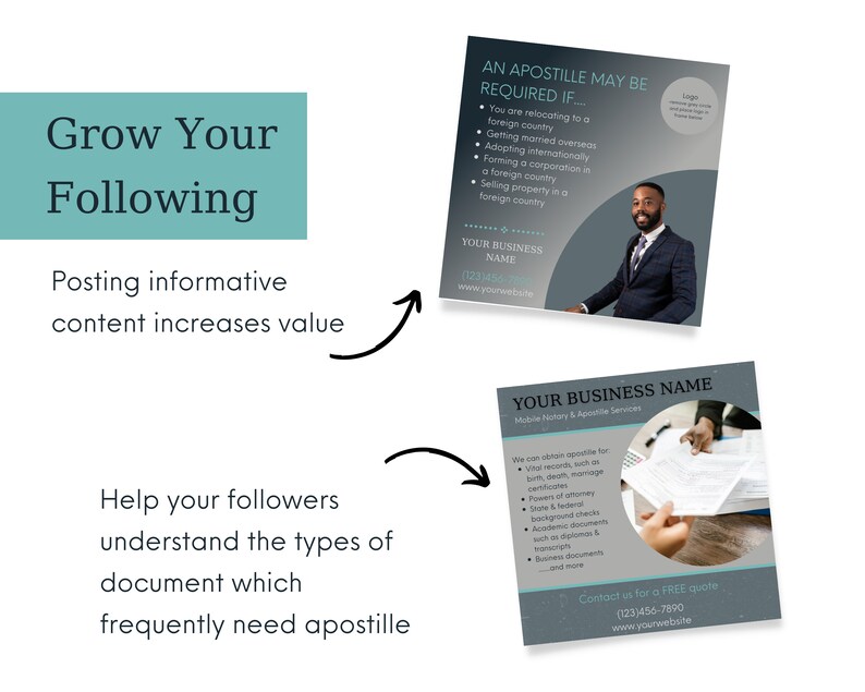 May include: A graphic with a blue background and white text that reads "Grow Your Following". The graphic explains how posting informative content can increase your following. The graphic also shows two examples of social media posts that can be used to grow your following. The first post is about apostille services and the second post is about mobile notary services.