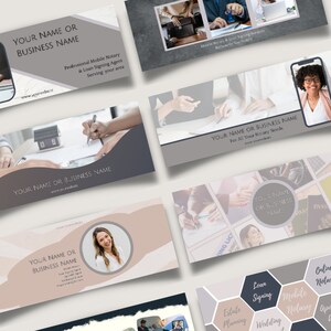 May include: A collage of images showcasing the services offered by a mobile notary. The images include a person signing documents, a house, and a person holding a passport. The text on the images includes "Your Name or Business Name", "Professional Mobile Notary", "Loan Signing Agent", "Serving your area", and "For All Your Notary Needs".