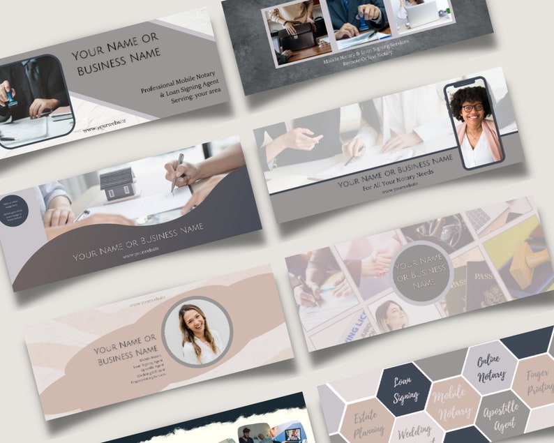 May include: A collage of images showcasing the services offered by a mobile notary. The images include a person signing documents, a house, and a person holding a passport. The text on the images includes "Your Name or Business Name", "Professional Mobile Notary", "Loan Signing Agent", "Serving your area", and "For All Your Notary Needs".