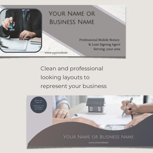 May include: Two banner designs for a mobile notary and loan signing agent. The first banner shows a person stamping a document. The second banner shows a person signing a document with a house model in the background. Both banners have a gray and white color scheme and include the text "YOUR NAME OR BUSINESS NAME" and "www.yourwebsite".