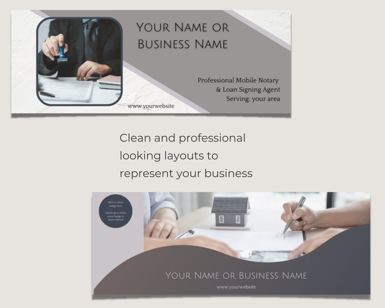 May include: Two banner designs for a mobile notary and loan signing agent. The first banner shows a person stamping a document. The second banner shows a person signing a document with a house model in the background. Both banners have a gray and white color scheme and include the text "YOUR NAME OR BUSINESS NAME" and "www.yourwebsite".
