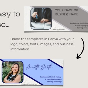 May include: A blue and white business card template with a photo of a woman in a blue and white patterned shirt. The text on the card reads "Annette Smith, Professional Mobile Notary & Loan Signing Agent, Serving: San Diego, www.notaryannette.me".
