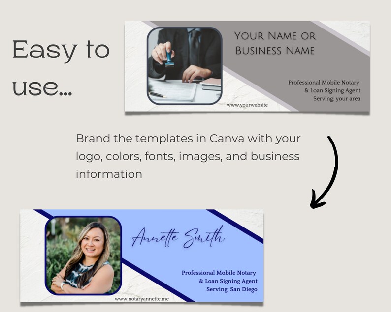 May include: A blue and white business card template with a photo of a woman in a blue and white patterned shirt. The text on the card reads "Annette Smith, Professional Mobile Notary & Loan Signing Agent, Serving: San Diego, www.notaryannette.me".