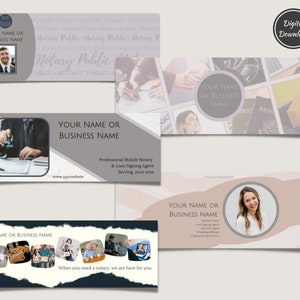 May include: Four different social media banner templates for a notary public business. The banners feature a gray and white color scheme with text that says "Your Name or Business Name" and "Professional Mobile Notary & Loan Signing Agent Serving your area".