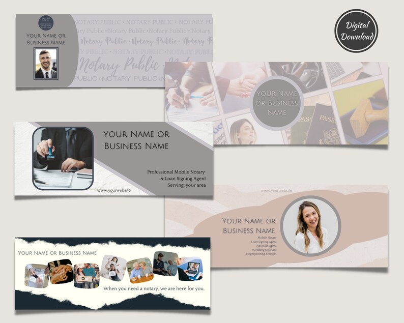 May include: Four different social media banner templates for a notary public business. The banners feature a gray and white color scheme with text that says "Your Name or Business Name" and "Professional Mobile Notary & Loan Signing Agent Serving your area".