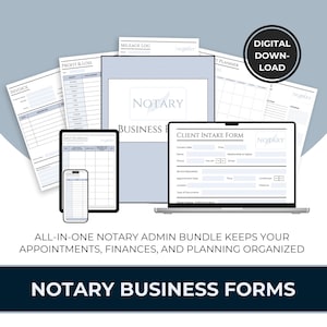 May include: A collection of notary business forms, including invoices, profit & loss statements, and client intake forms. The forms are displayed on a laptop, tablet, and smartphone. The image includes the text "DIGITAL DOWNLOAD" and "NOTARY BUSINESS FORMS".