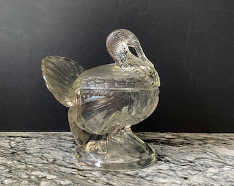 May include: A clear glass turkey-shaped candy dish with a lid. The dish has a detailed textured design and sits on a pedestal base. The turkey's tail feathers and head are clearly defined. The background is dark.