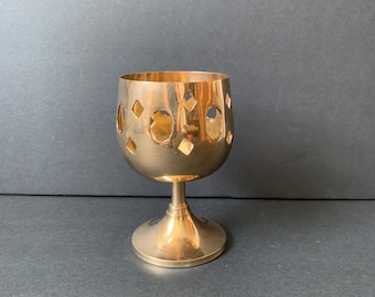 Pierced brass pedestal votive or tea light candle holder, vintage brass lighting